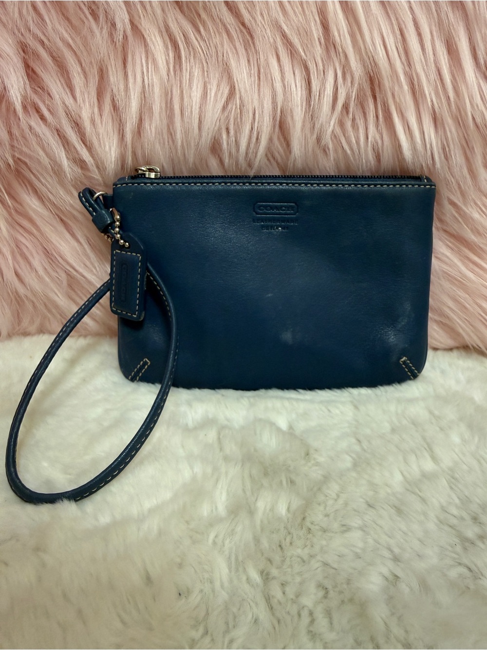 Vintage Coach Dark Blue Leather Wristlet with Detachable Strap